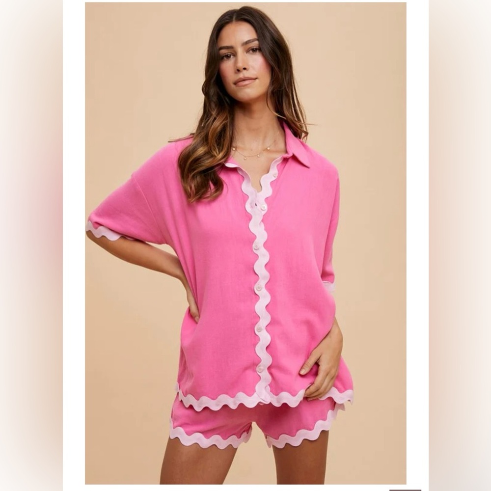 Annie Wear Hot Pink Shirt and Short Set with Ric Rac Trim, NWT